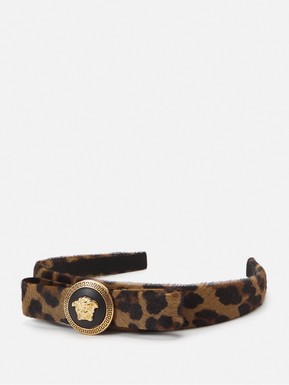 Versace Leopard Print Ponyhair Medusa Headband with Gold Medallion